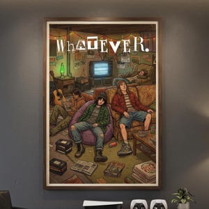 May include: A framed art print with the text "Whatever" above a retro illustration of a group of people in a living room. The artwork features a vintage TV, bean bags, and a guitar.