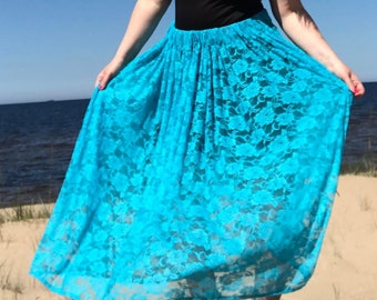 Beach skirt plus size long maxi skirt pool skirt summer skirt blue skirt see through stretch lace rose floral. Ready to ship.