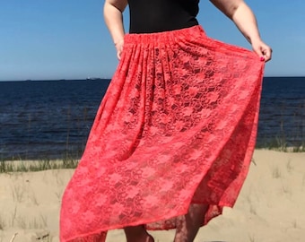 Beach skirt long maxi skirt pool skirt summer skirt orange/red skirt see through stretch lace rose floral. Ready to ship.