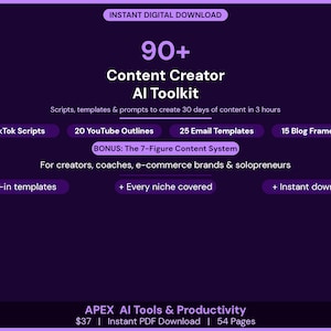 May include: Digital download graphic with a dark purple background. The text reads "90+ Content Creator AI Toolkit" with various content templates and prompts. Includes 30 TikTok scripts, 20 YouTube outlines, and 25 email templates. Also includes a bonus 7-figure content system.