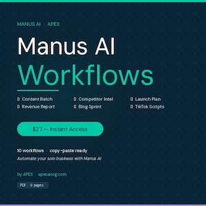 May include: A digital graphic with the text "Manus Al Workflows" in white and teal. The graphic lists workflow categories such as Content Batch and Competitor Intel. A teal button reads "$27 - Instant Access". The graphic promotes automating a solo business.