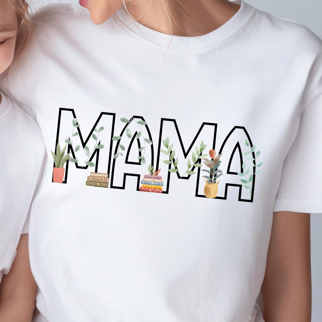 Mama Outline Lettering With Books and Potted Plants T-shirt - Etsy