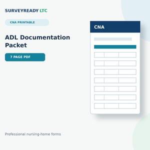 Peut inclure: Un paquet de documentation ADL imprimable de 7 pages pour les aides-soignants. Le document présente un en-tête bleu foncé étiqueté CNA, une barre horizontale sarcelle et un tableau à grille blanche pour le suivi des activités quotidiennes.