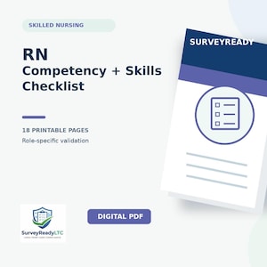 May include: A digital PDF document titled RN Competency + Skills Checklist for skilled nursing. The document features 18 printable pages for role-specific validation. A graphic shows a checklist icon, the text SURVEYREADY, and a logo for SurveyReadyLTC.