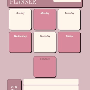 May include: A daily planner with a mauve background and white and pink boxes for each day of the week. The top section has the words "DAILY PLANNER" and a space to write the day. There are also spaces for "3 Top Goals".