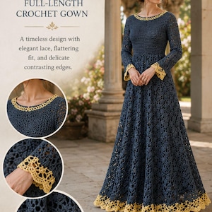 Op de afbeelding: Een lange, donkerblauwe gehaakte japon met lange mouwen, een ronde halslijn en gele kanten randen langs de kraag, manchetten en zoom. De tekst ZINC & PRIMROSE FULL-LENGTH CROCHET GOWN A timeless design with elegant lace, flattering fit, and delicate contrasting edges is zichtbaar.