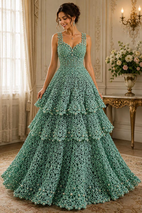 sage green crochet dress Sea Gown Pattern, Pearl Lace Formal Evening (PDF) Baby dress Butterfly Dress - Brown Size:45
