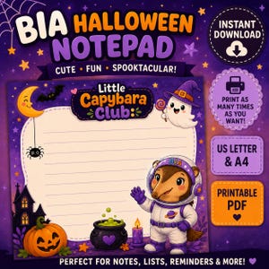 Peut inclure: Un bloc-notes numérique d'Halloween avec le texte BIA HALLOWEEN NOTEPAD et Little Capybara Club. Le design présente un capybara en combinaison spatiale, un fantôme avec un chapeau de sorcière, une citrouille, un chaudron et un croissant de lune.