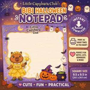 Peut inclure: Un bloc-notes carré sur le thème d'Halloween avec un capybara nommé Bibi portant une robe jaune et des ailes de fée, tenant une baguette étoilée. Le design inclut des citrouilles, des fantômes, des chauves-souris et un chaudron sur fond violet.