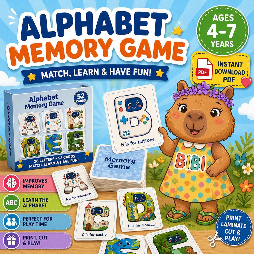 Alphabet Memory Game Printable ABC Flash Cards Kids Learning Activity