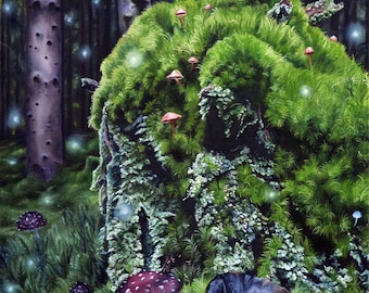 Enchanted Forest | Mushroom Treestump | Magical Realism | Limited Edition fine art print | A3 A4 size by Christina Ridgeway