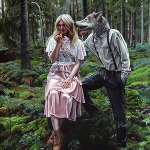 Girl and Wolf | Magical Realism | Whispering in Forest | Fairy Tale Art | Limited Edition fine art print | A3 A4 size by Christina Ridgeway