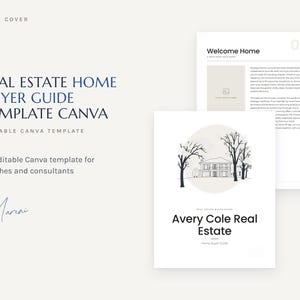 Pode incluir: Um modelo digital de guia para compradores de imóveis para Canva com o texto Real Estate Home Buyer Guide Template Canva, Avery Cole Real Estate e um desenho de linha de uma casa com árvores em um fundo branco.
