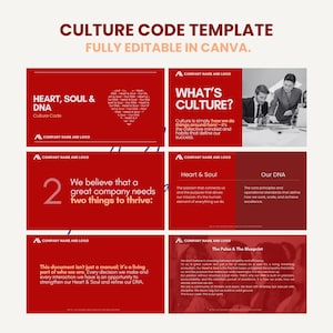 Pode incluir: Um modelo de código cultural vermelho e branco com o texto "FULLY EDITABLE IN CANVA". O modelo inclui seções intituladas "HEART, SOUL & DNA" e "WHAT'S CULTURE?" com texto e gráficos. Um conceito de negócio.