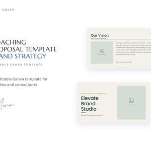 Pode incluir: Um modelo digital de proposta de coaching para estratégia de marca com o texto Coaching Proposal Template Brand Strategy, Editable Canva Template, Our Vision e Elevate Brand Studio com uma assinatura gráfica.