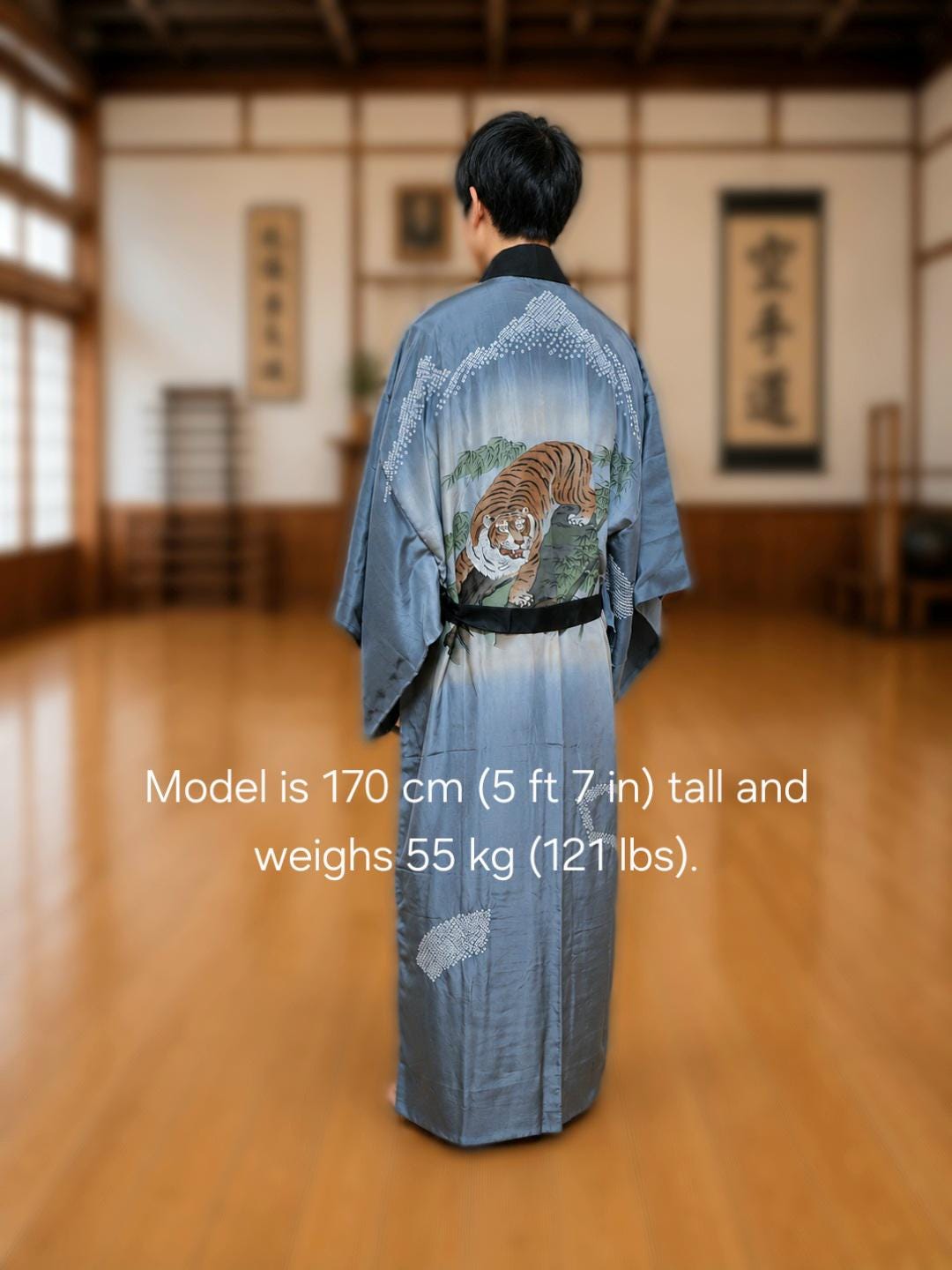 Vintage Silk Tiger Kimono Robe, Japanese Men's Nagajuban, Back Tiger Design, No Slit, Unisex, Belt Included, One of a Kind