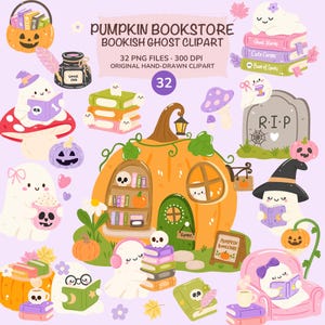 Peut inclure: Une collection numérique de cliparts de fantômes bibliophiles Pumpkin Bookstore comprenant 32 fichiers PNG. Les graphismes incluent des fantômes lisant des livres, une maison en forme de citrouille, des piles de livres colorés, une pierre tombale, des champignons et un encrier.