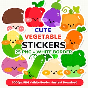 Può includere: Una collezione di adesivi di verdure colorati in stile cartone animato. Gli adesivi includono un peperone rosso, una melanzana viola, una zucca arancione e un cetriolo verde, tra gli altri. Il testo "CUTE VEGETABLE STICKERS" e "25 PNG • WHITE BORDER" è presente.