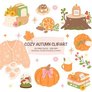 Op de afbeelding: Een digitale collectie herfstillustraties met een mand met boeken en zonnebloemen, een kaneelbroodje, een kaars op een boomstronk, een vest, pantoffels, pompoenen, een mok met slagroom en gestapelde boeken met de tekst COZY AUTUMN CLIPART.