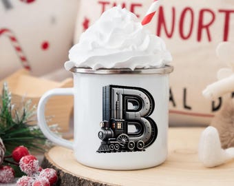 Personalized Initial Enamel Mug, Festive Cartoon Coffee Cup, Custom Name Gift