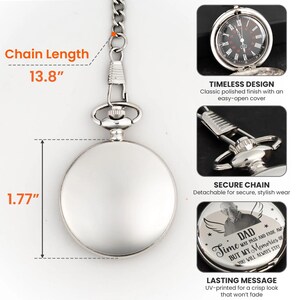 May include: A silver pocket watch with a 13.8-inch chain. The watch has a polished finish and a 1.77-inch diameter. The watch face has a black background with red and white markings. The watch includes the text "Time may pass and fade away but my memories of you will always stay."