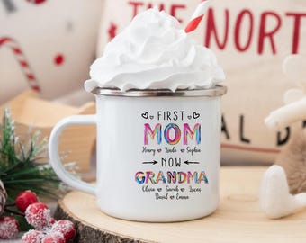 Personalized Grandma Enamel Mug, First Mom Now Grandma Gift