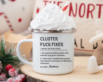Cluster Fixer Definition Mug, Funny Coworker Gift, Personalized Name Enamel Cup 12oz, Office Humor Coffee Mug
