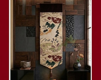 Antico arazzo in seta Obi con gru e crisantemi, 28 x 88 cm, stile giapponese vintage, decorazione da parete in stile zen, regalo unico dal Giappone.