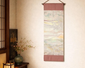 Silk Obi Wall Art: Hozugawa River Raft & Misty Mountains - Handcrafted Japanese Wall Scroll, Kyoto Scenery Decor