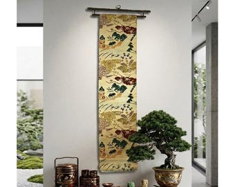 Vintage Japanese Obi Wall Hanging 206cm – Crane & Chrysanthemum Design, Silk Tapestry / Table Runner, Elegant Wabi Sabi Decor