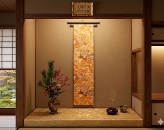 Japanese Obi Tapestry / Table Runner 168cm, Mandarin Duck & Floral Pattern, Vintage Silk, Wall Hanging, Made in Japan