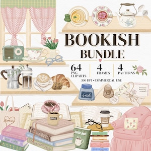 Puede incluir: Un conjunto de ilustraciones digitales titulado BOOKISH BUNDLE que incluye 64 imágenes prediseñadas PNG, 4 marcos y 4 patrones. La colección contiene dibujos estilo acuarela de libros, tazas de café, tetera, radio, gafas, tinta, sello y un sillón rosa.