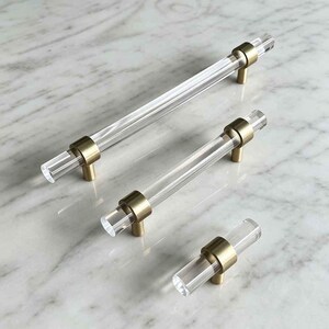Brass and Acrylic Cabinet Pulls Modern Drawer Handles, Gold Clear Long Bar Handles for Kitchen Cabinets