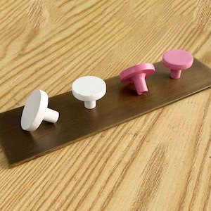 Può includere: Un supporto da parete rettangolare in legno marrone scuro con quattro pomelli circolari. Due pomelli sono bianco tinta unita e due sono rosa tinta unita. Ogni pomello ha una base cilindrica fissata alla tavola di legno, disposti in fila.