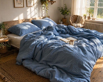 Conjunto de capa de edredom em linho 100% macio e lavado, disponível nos tamanhos Queen, King, Twin e outros. Linho puro europeu. Fecho com zíper.