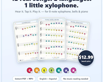 Bilingual Xylophone Songbook, Color Coded Music Sheets, English Español Songs (PDF + MP3)