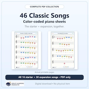 Piano Sheet Music for Kids: 46 Color-Coded Songs, Complete Beginner Printable PDF