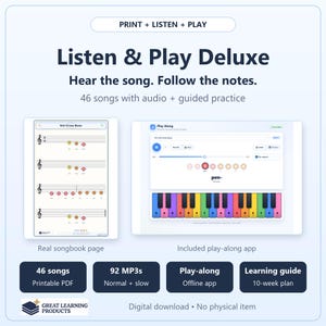 Piano Songs for Kids: 46 Color-Coded Songs + 92 Audio Tracks + Play-Along App