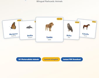 Bilingual Animal Flashcards, Spanish English Learning PDF, Toddler Preschool Educational Cards