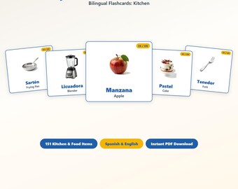 Bilingual Kitchen Flashcards Spanish-English | 151 Printable Cards for Toddlers