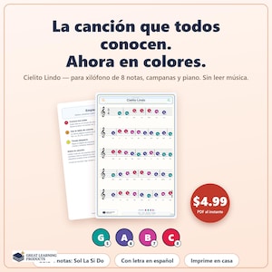 Puede incluir: Una partitura codificada por colores para Cielito Lindo con notas para xilófono de 8 notas, campanas y piano. El documento incluye instrucciones, un pentagrama con círculos de colores que representan notas y una leyenda con círculos turquesa, morados, rosas y rojos.