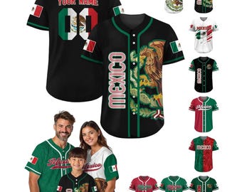 Camiseta de béisbol personalizada de México con nombre y número del equipo. Camiseta mexicana para hombres, mujeres, jóvenes y niños. Conjunto para el día del partido para los fanáticos de México.