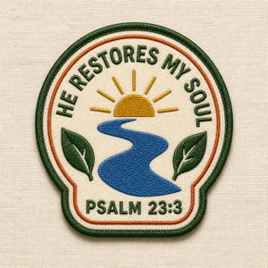 May include: A circular embroidered patch with a cream background, featuring a yellow sun rising over a blue winding river, flanked by two green leaves. The text HE RESTORES MY SOUL is arched above, and PSALM 23:3 is printed at the bottom in dark green.
