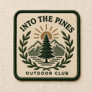 May include: Embroidered patch with a cream background and a dark green border. The design features a pine tree, mountains, and a sun, with the text "INTO THE PINES OUTDOOR CLUB" in a circular arrangement. Green leaves frame the design.