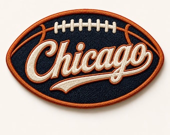 May include: Embroidered patch in the shape of a football. The patch is navy blue with the word "Chicago" in cream-colored script. The border and football details are orange.