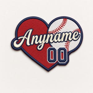 May include: A heart-shaped patch featuring a baseball and a red heart. The baseball side has red stitching. The heart side is red with the word "Anyname" in white script. Below the script are the numbers "00".