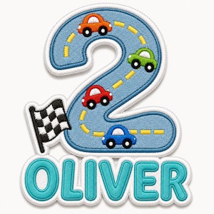 May include: A fabric patch shaped like the number two in light blue with a yellow dashed road pattern, featuring small orange, green, red, and blue cars, a black and white checkered flag, and the name OLIVER in teal letters at the bottom.