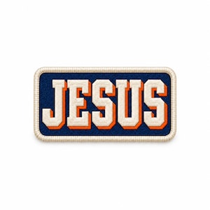 May include: A rectangular embroidered patch with a dark blue background and a cream-colored border. The word JESUS is stitched in large, block-style cream letters with a bold orange drop shadow, creating a three-dimensional effect on the fabric.