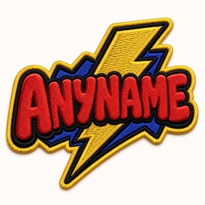 May include: Embroidered patch featuring the word "ANYNAME" in bold red letters, outlined in black, set against a blue and yellow lightning bolt design. The patch has a black border and is on a white background.