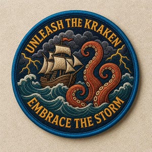 May include: Embroidered patch with a nautical theme. A brown ship sails through stormy blue waves, with orange tentacles of a kraken rising from the sea. The patch has the text "UNLEASH THE KRAKEN" and "EMBRACE THE STORM" in gold lettering, with a blue border.